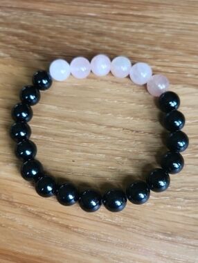 Pink & Black Tourmaline Beads Stretch Bracelet, Hand Crafted